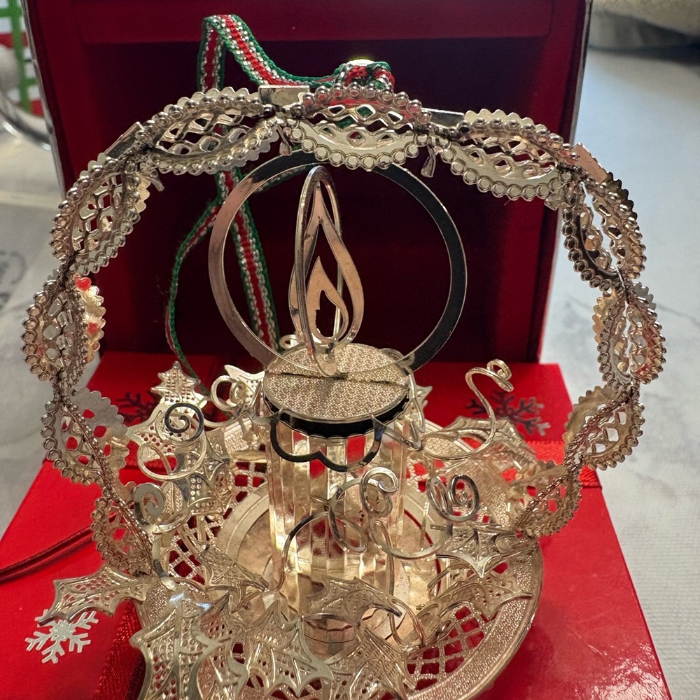 Imported Irish silver Christmas ornament Silver Filigree Candle basket